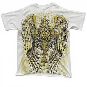 Y2K Affliction 2000's White & Yellow Cross & Wing Graphic SS Men's Sz S T-Shirt